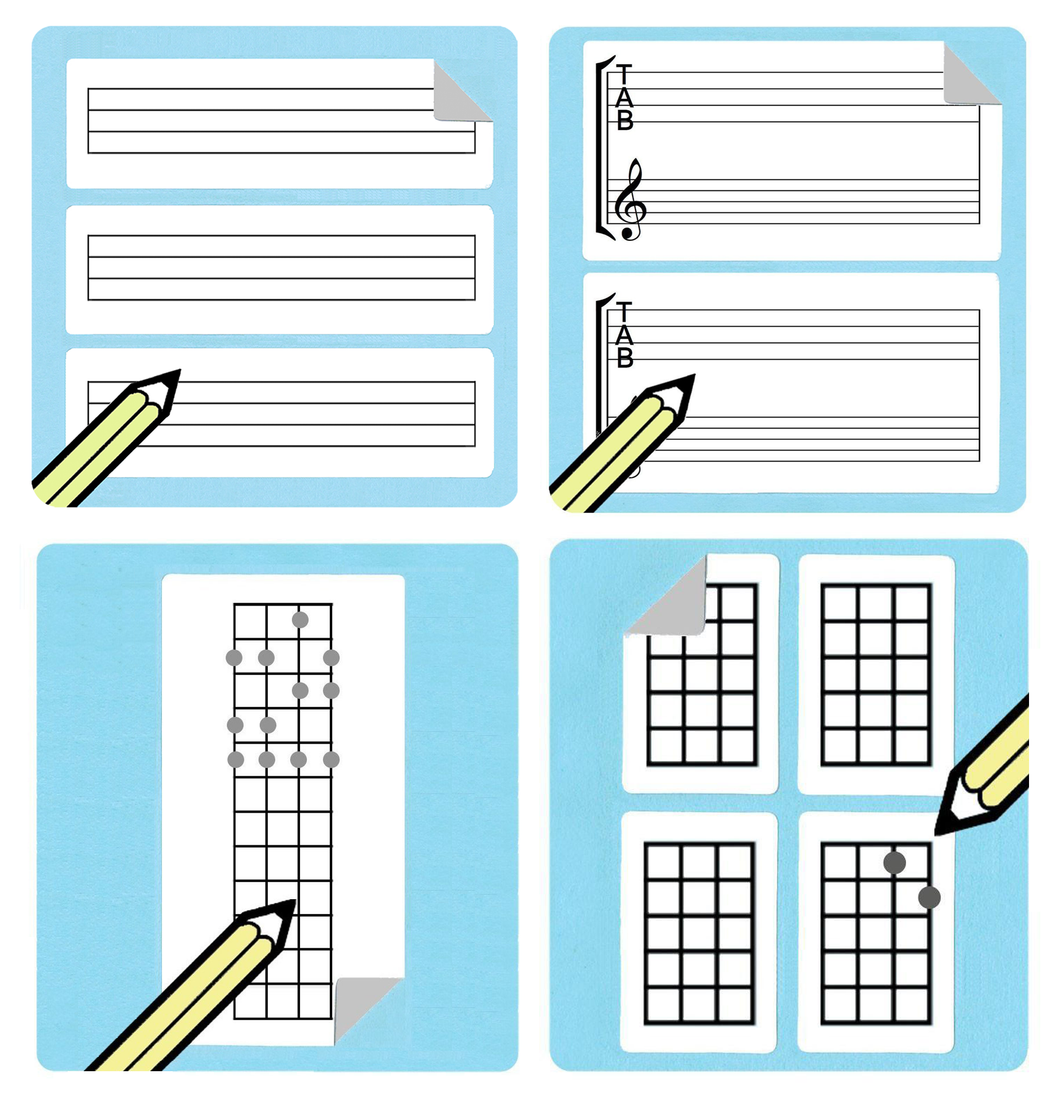 Ukulele and Bass Chord / Tablature / Fretboard Diagram Stickers Gift Pack.